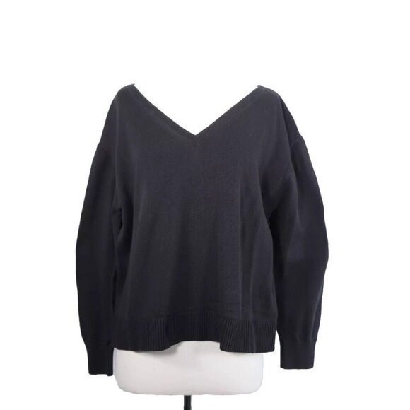 Everlane Women's Large Black Relaxed V-Neck Sweater Cotton Pullover Long Sleeve - Picture 1 of 6